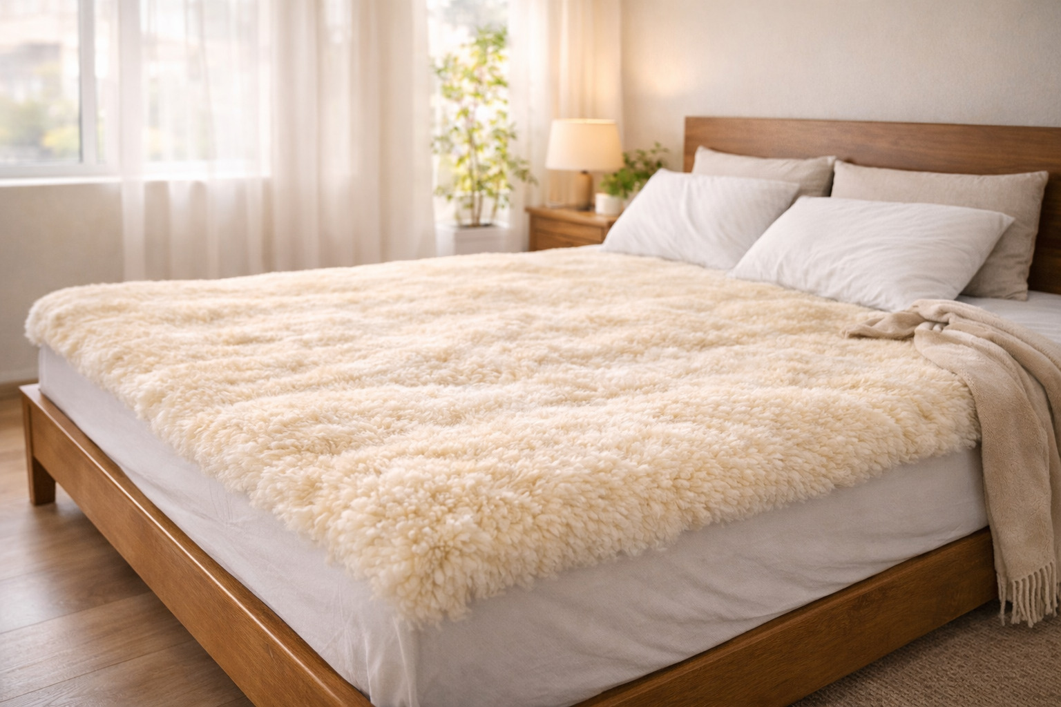 ムートンシーツを敷いたベッドと朝の寝室