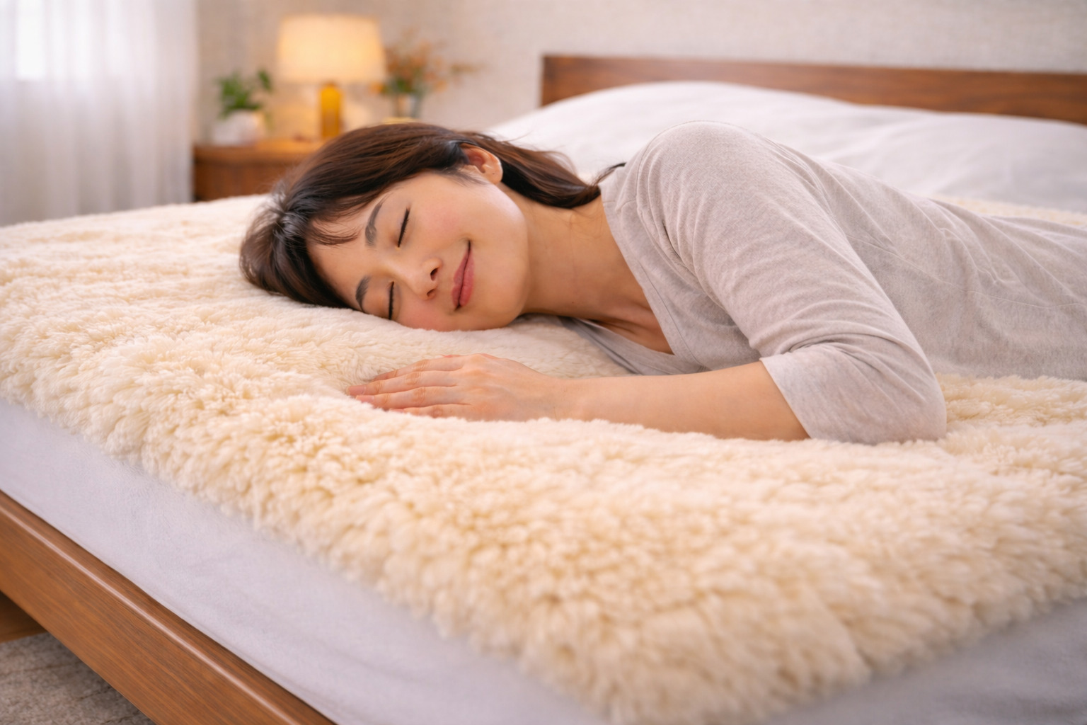 ムートンシーツを敷いたベッドで横向きに眠る女性