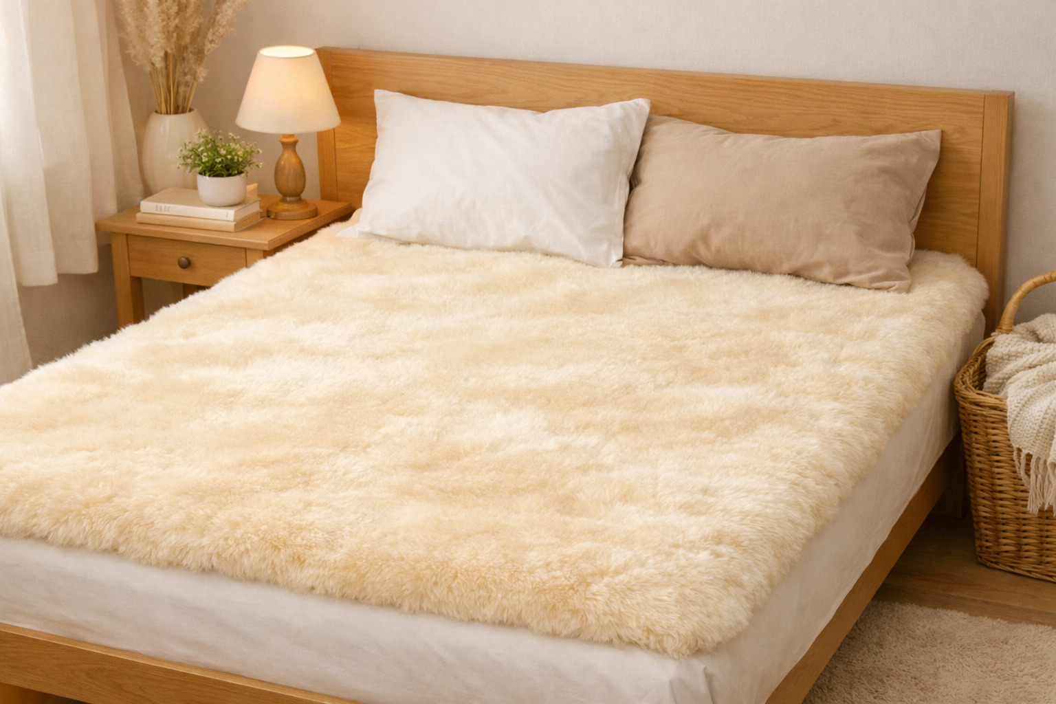 ベッドに敷かれた天然ムートンシーツ