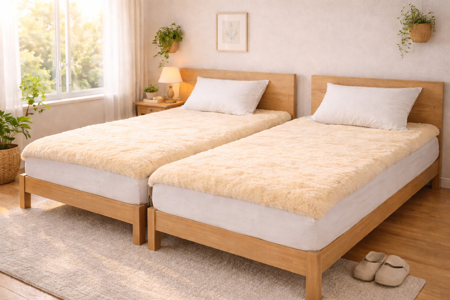 朝日が差し込む明るい寝室のツインベッドと天然ムートンシーツ