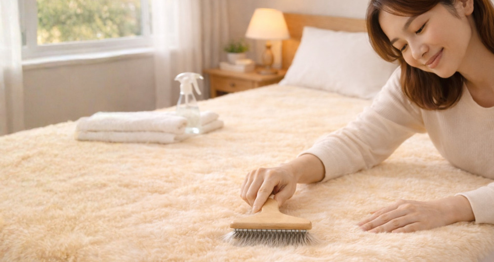 天然ムートンシーツをブラッシングでお手入れする様子