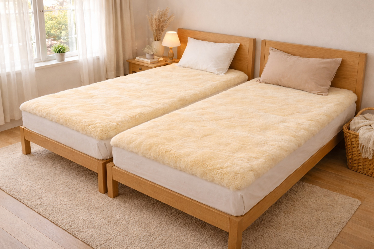 ツインベッドに敷かれた天然ムートンシーツ