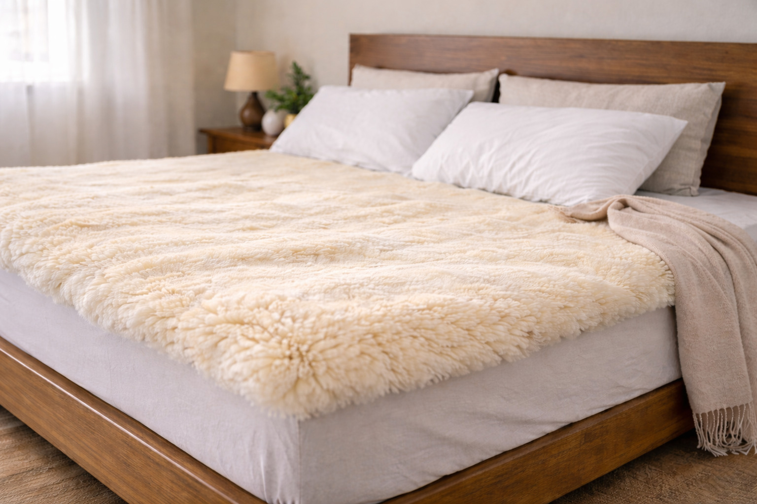 ムートンシーツを敷いたベッド
