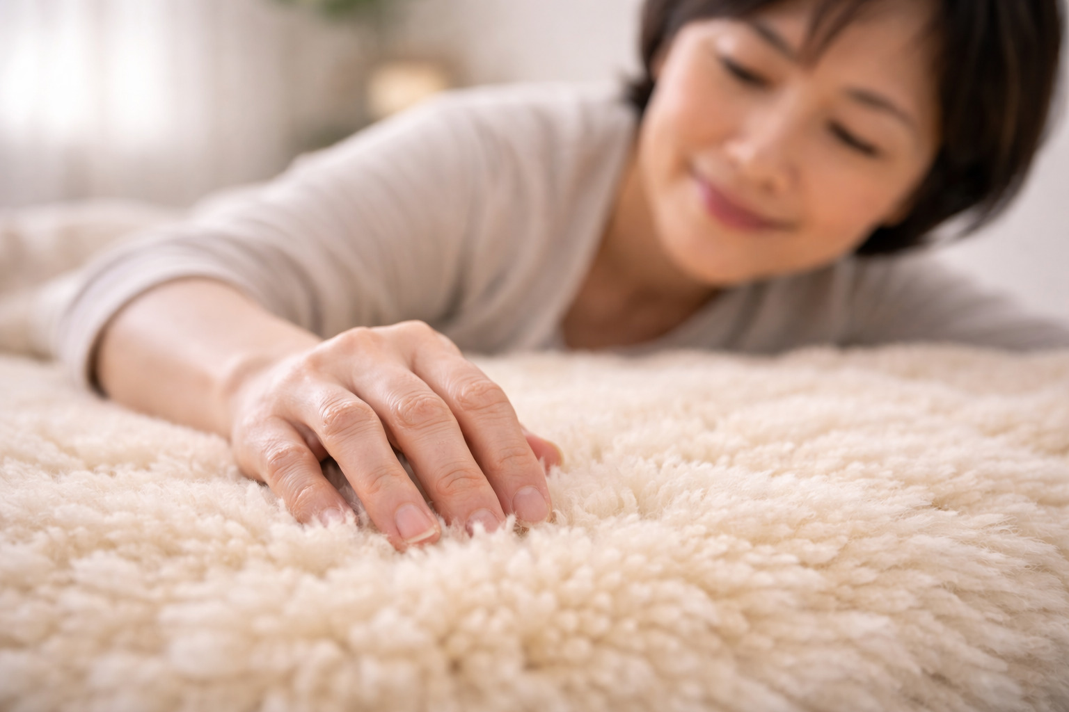 ムートンの毛並みを触る女性