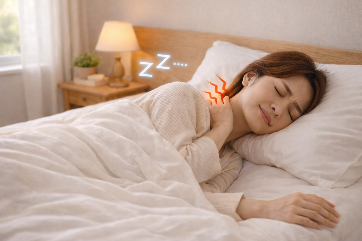 寝ても疲れが取れず首の痛みに悩む女性